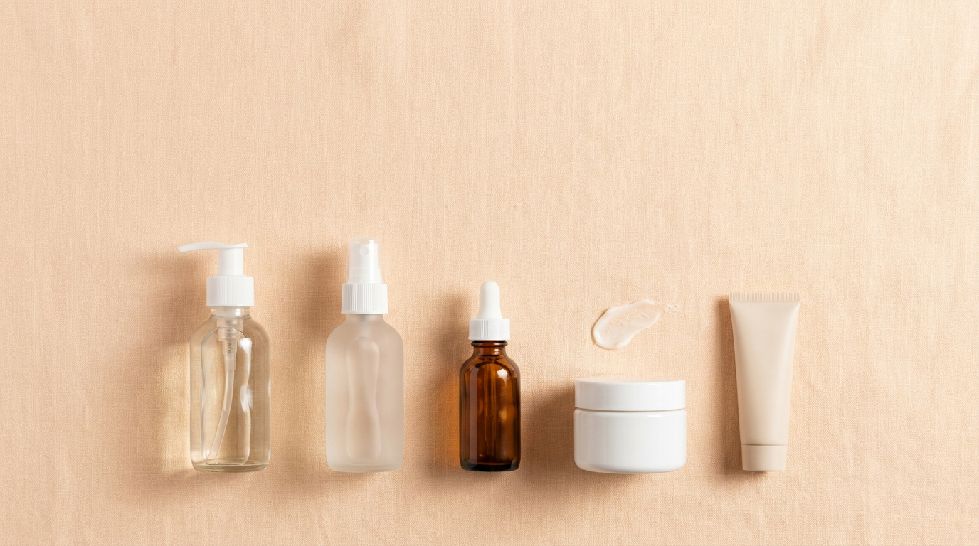 Skincare and color essentials on a warm tan surface.